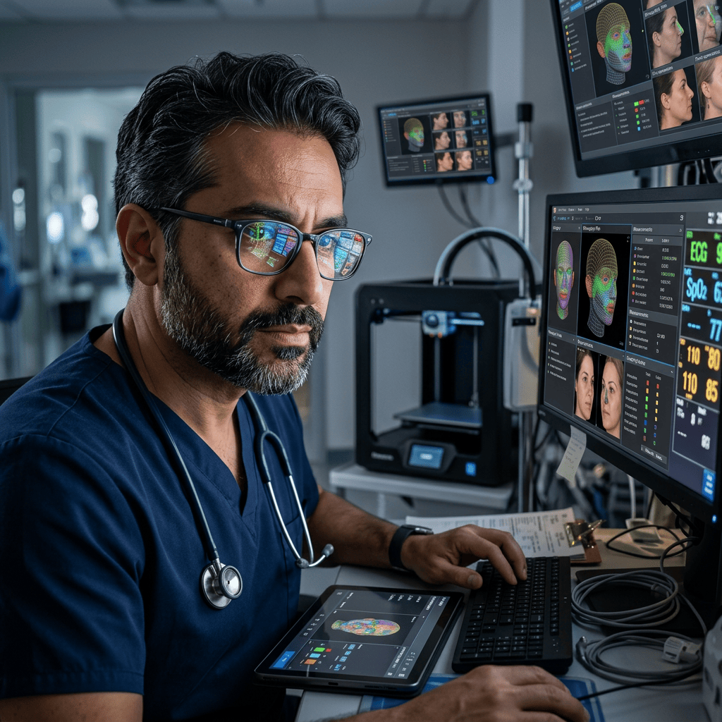 Physician using computer to monitor patient's vital signs in ICU
