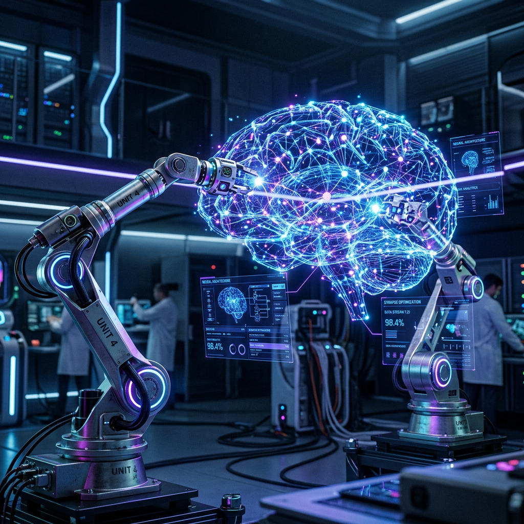 Futuristic lab robots holographic neural networks blue purple