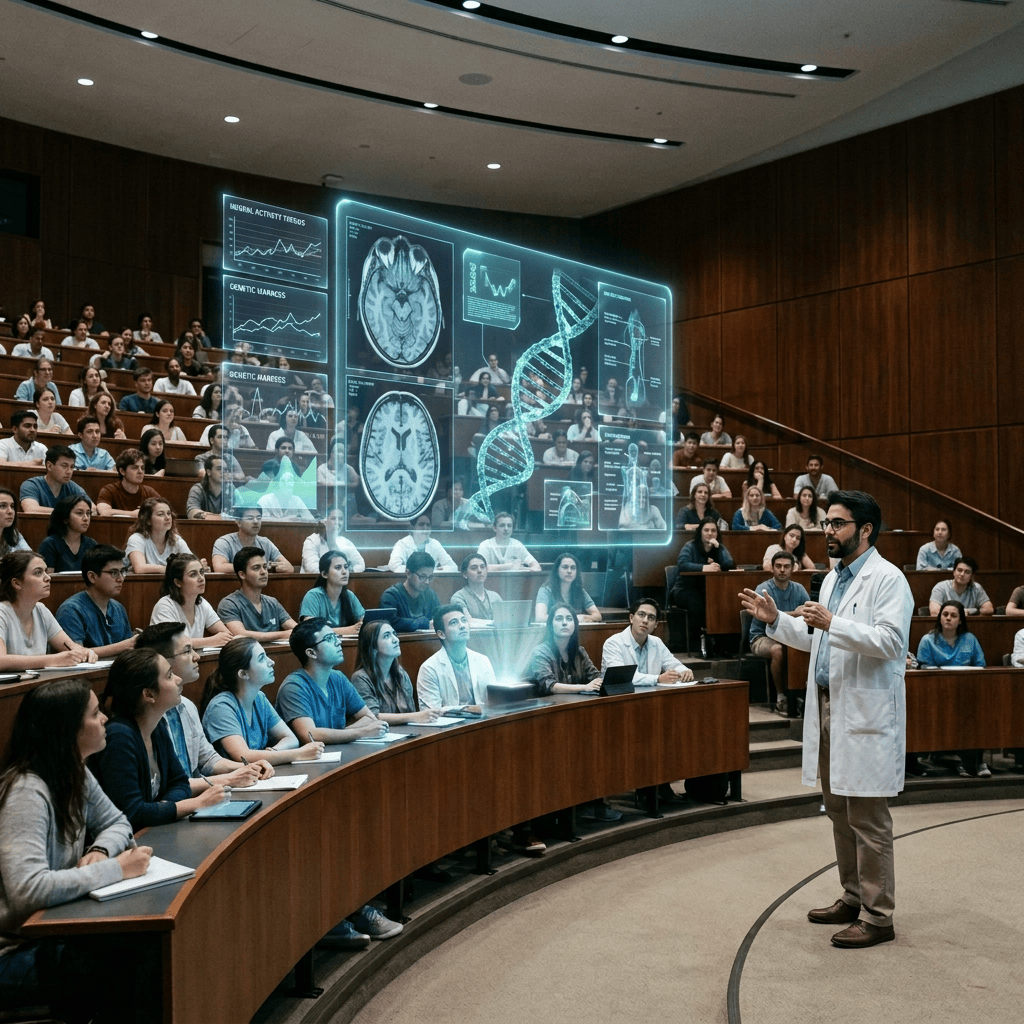 Professor presenting holographic brain scans, DNA helix, and scientific data to students in a lecture hall