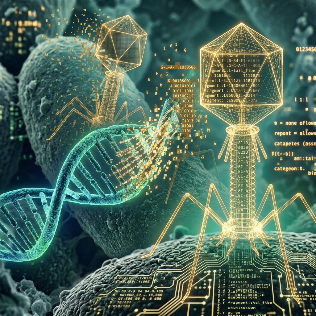 Virus-like figure with digital code interacting with DNA strand