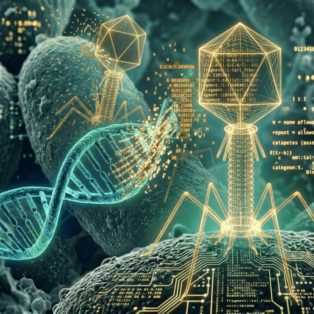 Virus-like figure with digital code interacting with DNA strand