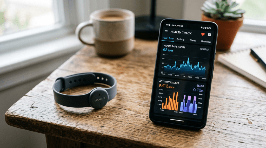 Smartphone showing heart rate, steps, and sleep data next to a black fitness tracker on a wooden table