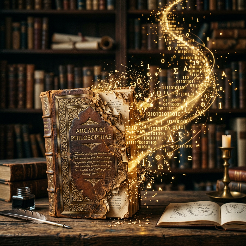 Arcanum Philosophiae book with glowing symbols and binary code