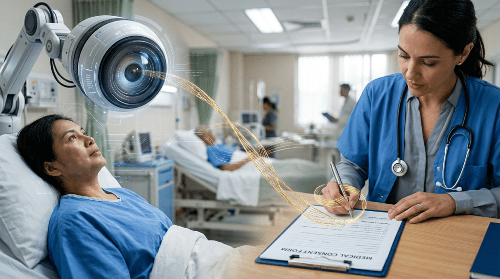 Doctor completing a medical consent form beside patient and robotic imaging device