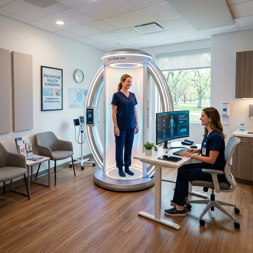 Healthcare professional standing in a full-body wellness scanning machine while a nurse monitors results