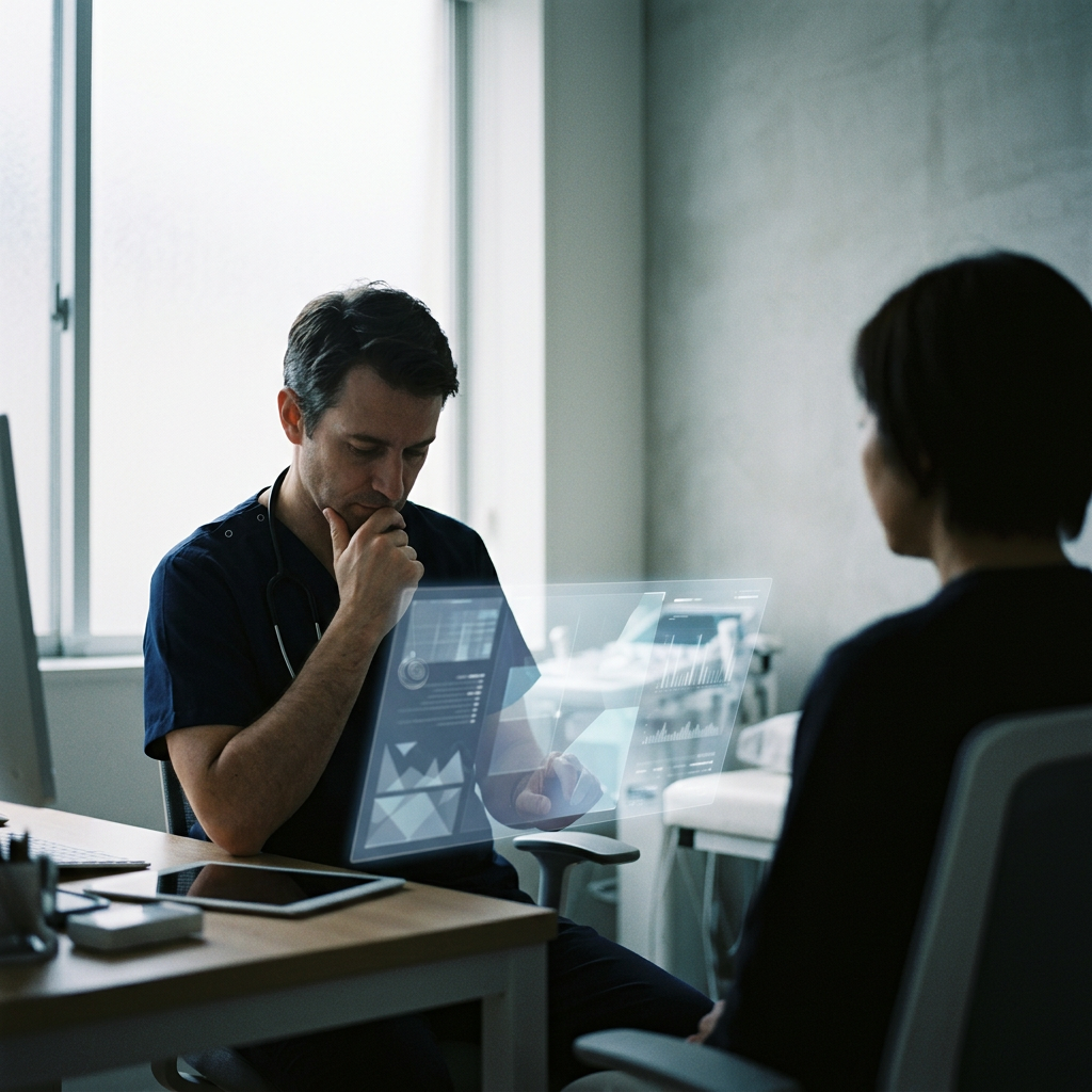 Physician studying abstract medical AI interface