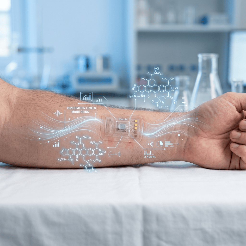 Imagem atual: Forearm with wearable sensor overlay labeled VANCOMYCIN LEVELS MONITORING and molecular diagrams