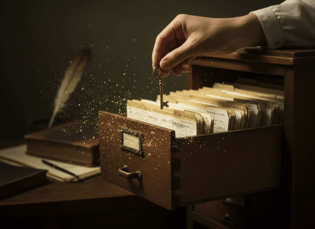 A patient's hand, seen only from the wrist down, holding a small brass key above an open dark wooden cabinet whose drawers are full of paper medical folders that begin to dissolve into golden particles, soft directional light from the left, deep olive-green shadows, gold highlights, dark luxury aesthetic, cinematic, shallow depth of field, high detail, 16:9. No text, no faces.