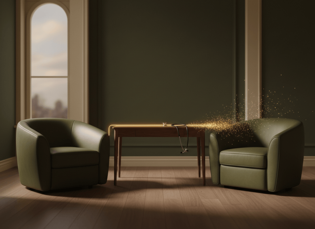 Two empty leather armchairs facing each other across a small walnut desk in a quiet consulting room. A single fine thread of warm gold light stretches from one chair to the other and dissolves into tiny luminous points. A stethoscope rests on the desk. Evening light enters through a tall window with soft shadows. Deep olive (#5E5035), brand gold (#94854A), and warm ivory (#F7F7EF) highlights; gold and olive tones; dark luxury aesthetic; cinematic; shallow depth of field; high detail; soft rounded forms; no pure black. Wide 16:9 composition. No text, letters, logos, or watermark.
